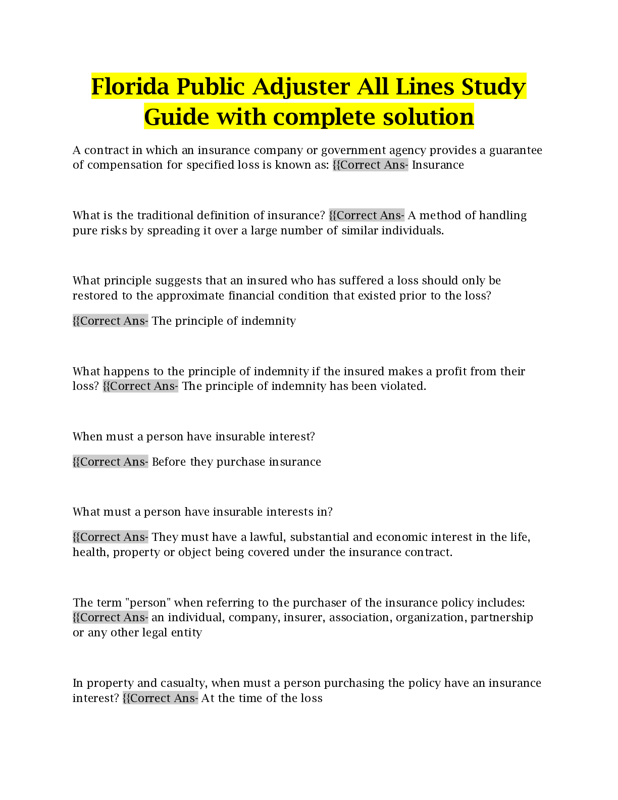 Preview image of Florida Public Adjuster All Lines Study Guide with complete solution document